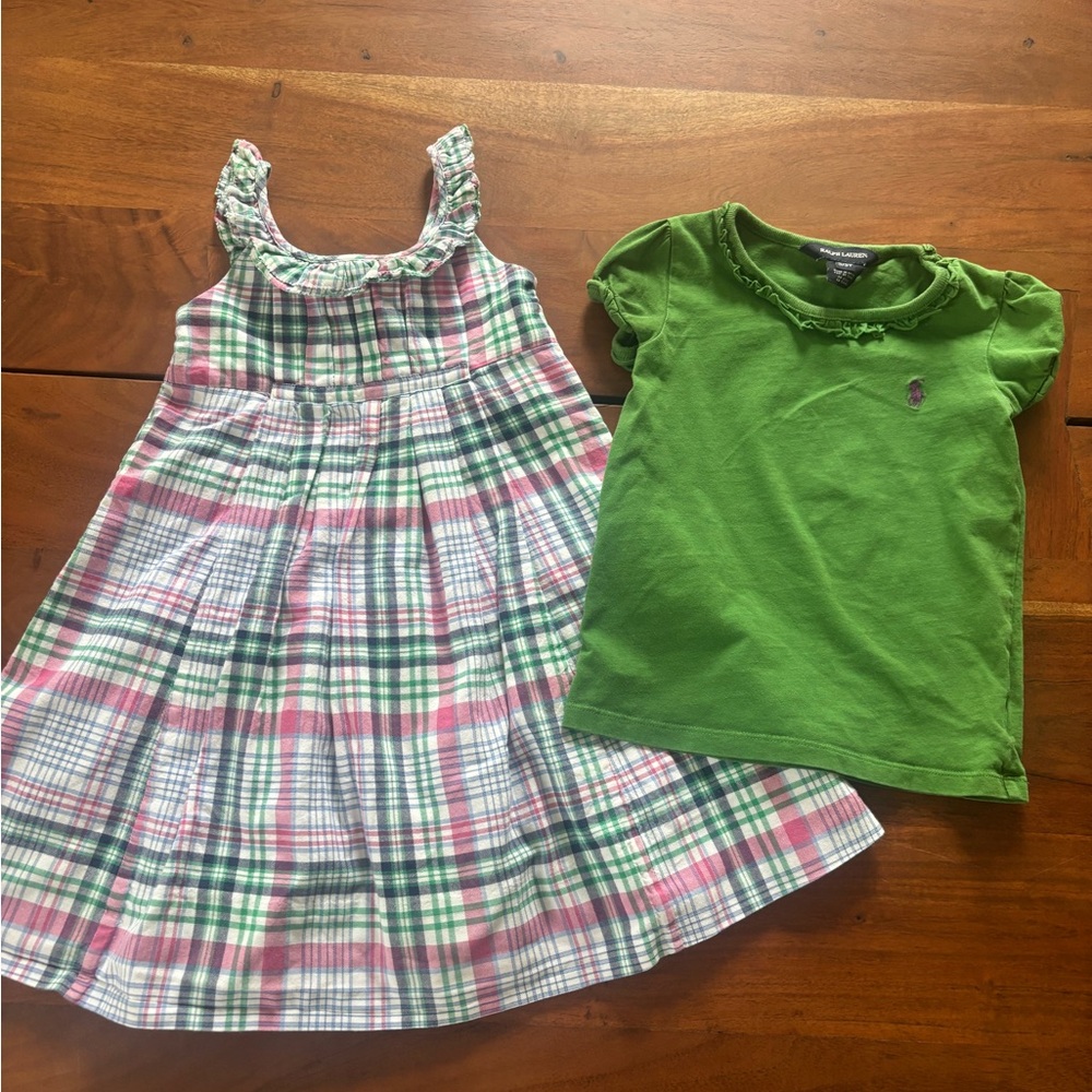 Bundle Ralph Lauren dress 2t and Green T-Shirt 3t with Purple Logo